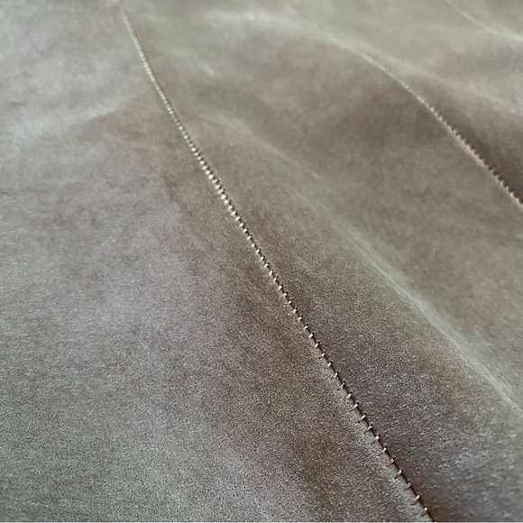 Vintage 90s/Y2K Leather Suede Gored Pieced Flare Mini Midi Taupe/Tan Skirt 8 - Picture 10 of 15